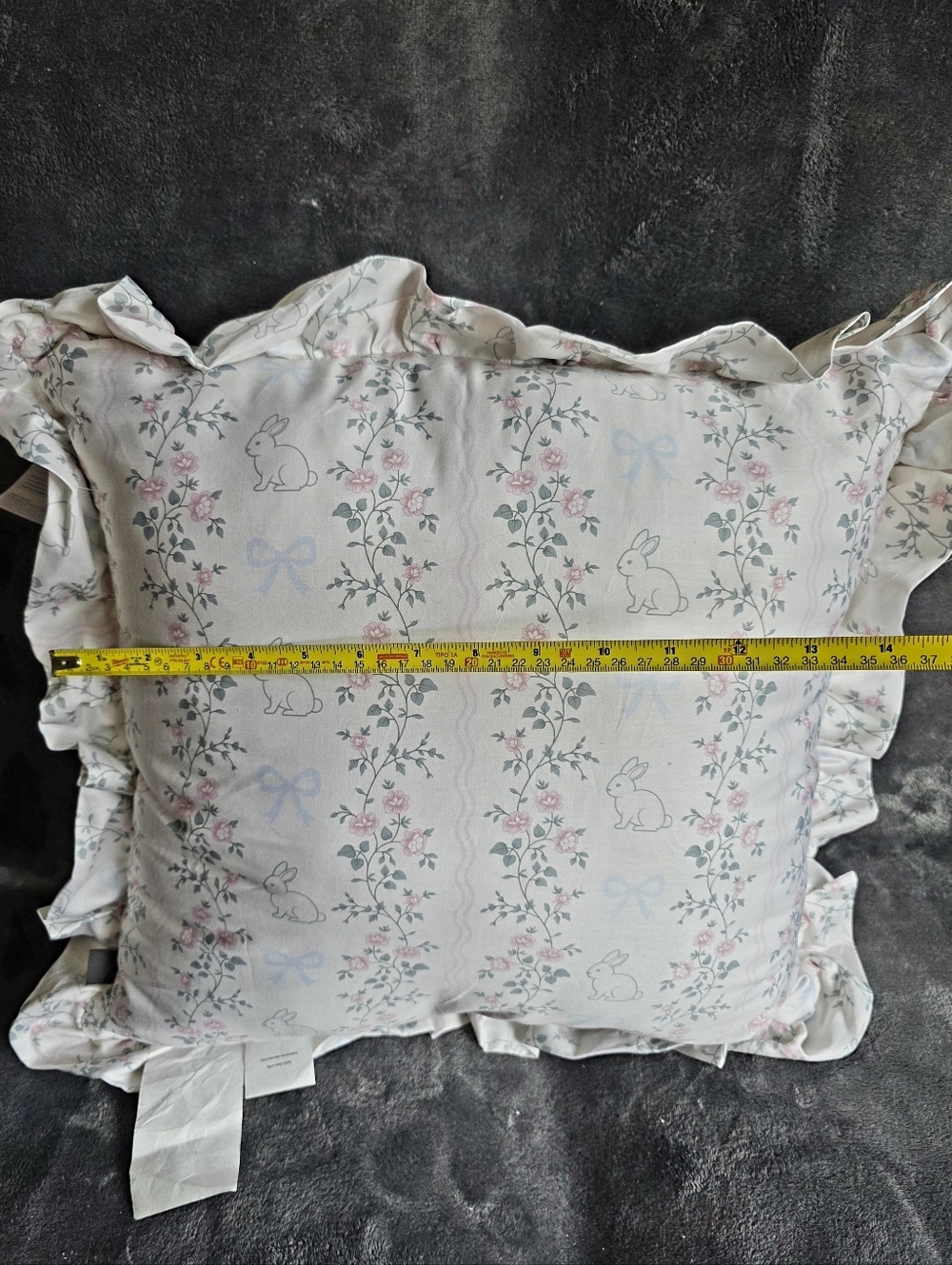 My Texas House 18"x 18" Easter White Bunny blue bow Ruffle Decorative Pillow NWT - Picture 5 of 6